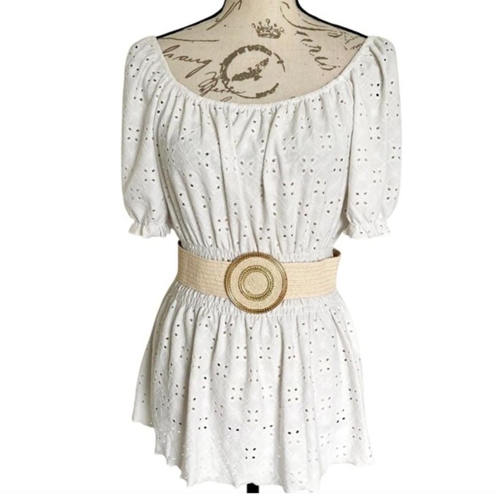 Boho Wide Woven Stretch Waist Corset Belt Raffia Straw Cream Gold Round Buckle